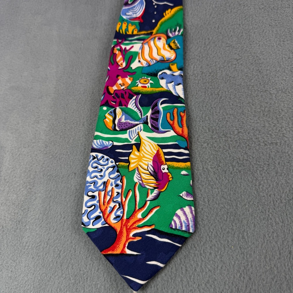 Addiction Mens Silk Tie Tropical Fish Coral Reef Underwater Ocean Navy Green